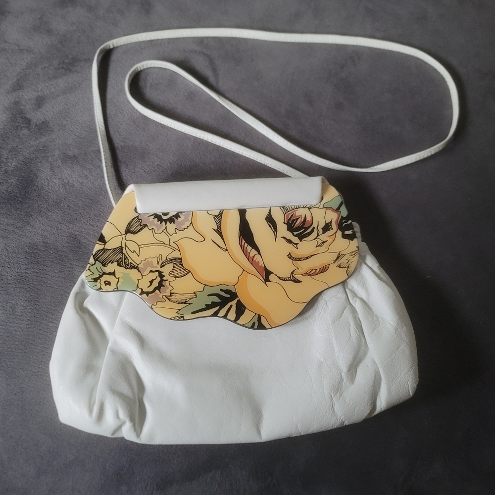 Vintage White Leather Patricia Smith Moon Bag 11" X 7" Convertible Purse  Clutch